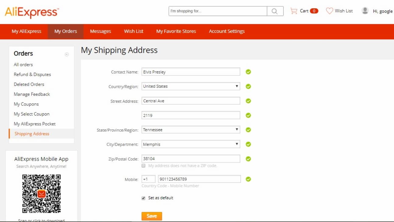 Address for Aliexpress