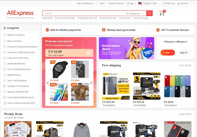 AliExpress in USA in English