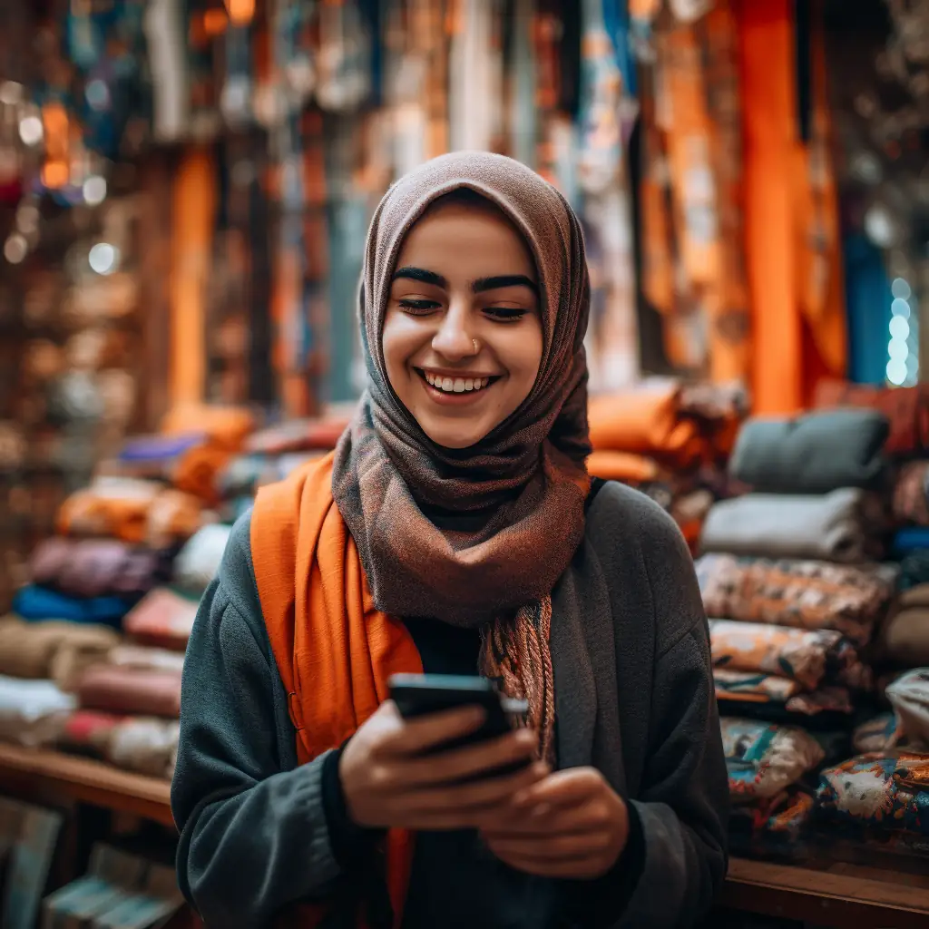 A satisfied customer shopping on AliExpress Morocco with their smartphone and popular products around them.