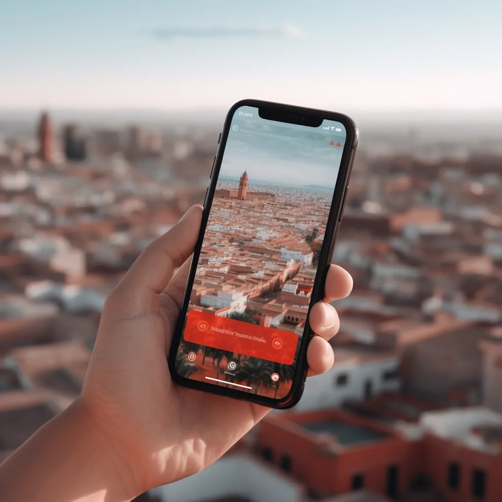 Hand holding a smartphone with AliExpress Morocco app, Moroccan cityscape in the background.