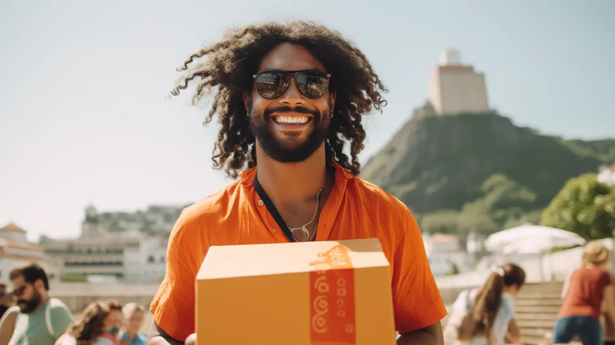 Comprador 2 feliz recebendo pacote AliExpress no Brasil photo