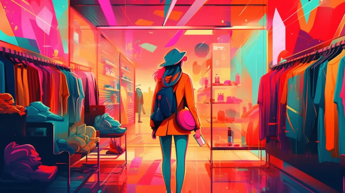 Comprador brasileiro navegando em produtos coloridos na ilustração do AliExpress