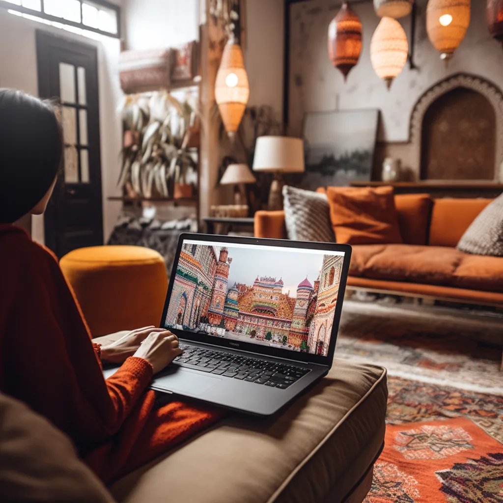 Person shopping on AliExpress Morocco using a laptop in a cozy Moroccan-inspired home setting.