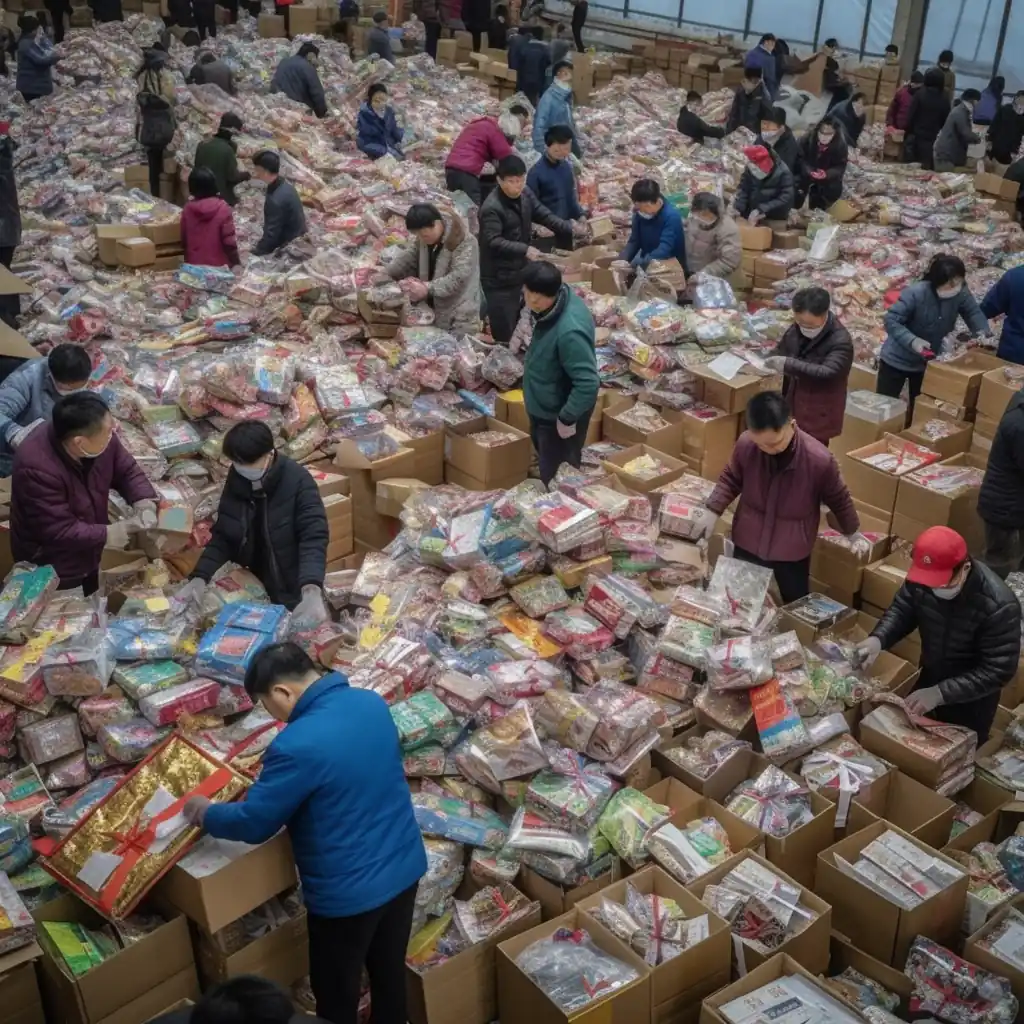 Chinese workers disassemble packages before shipping after a big sale