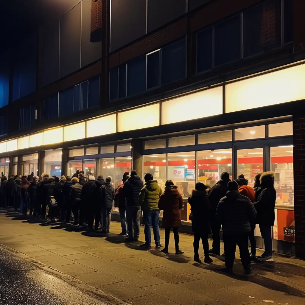 A queue of people outside the door of an electronics supermarket waiting for the Black Friday sale on AliExpress