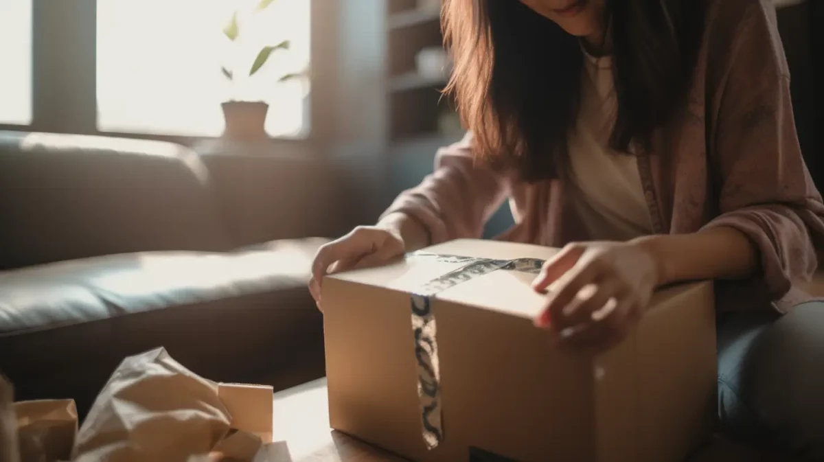 Um comprador brasileiro desembala um pacote do AliExpress