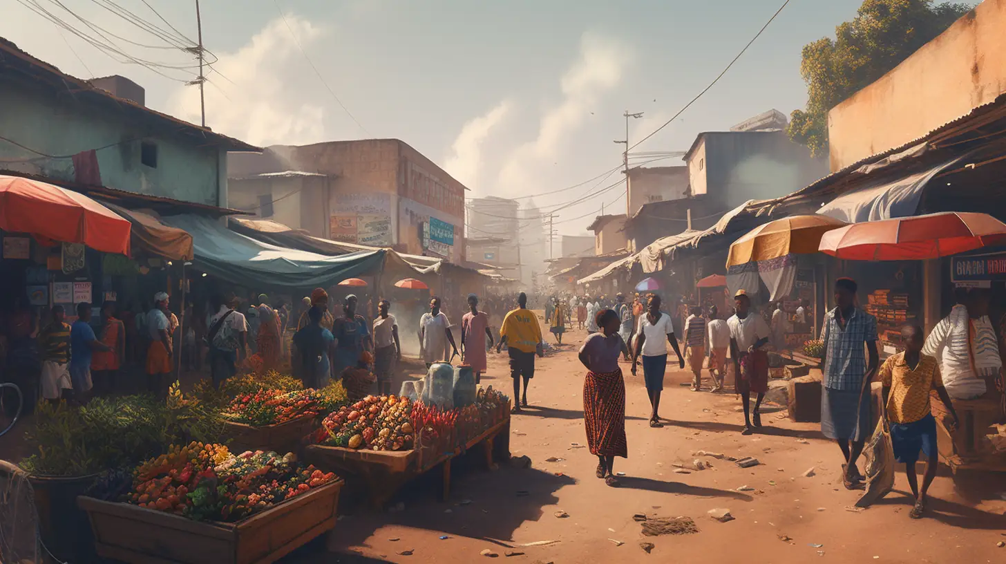 Uma animada cena de mercado de rua em transição para a plataforma AliExpress Moçambique, representando a mudança das compras tradicionais para o mundo online