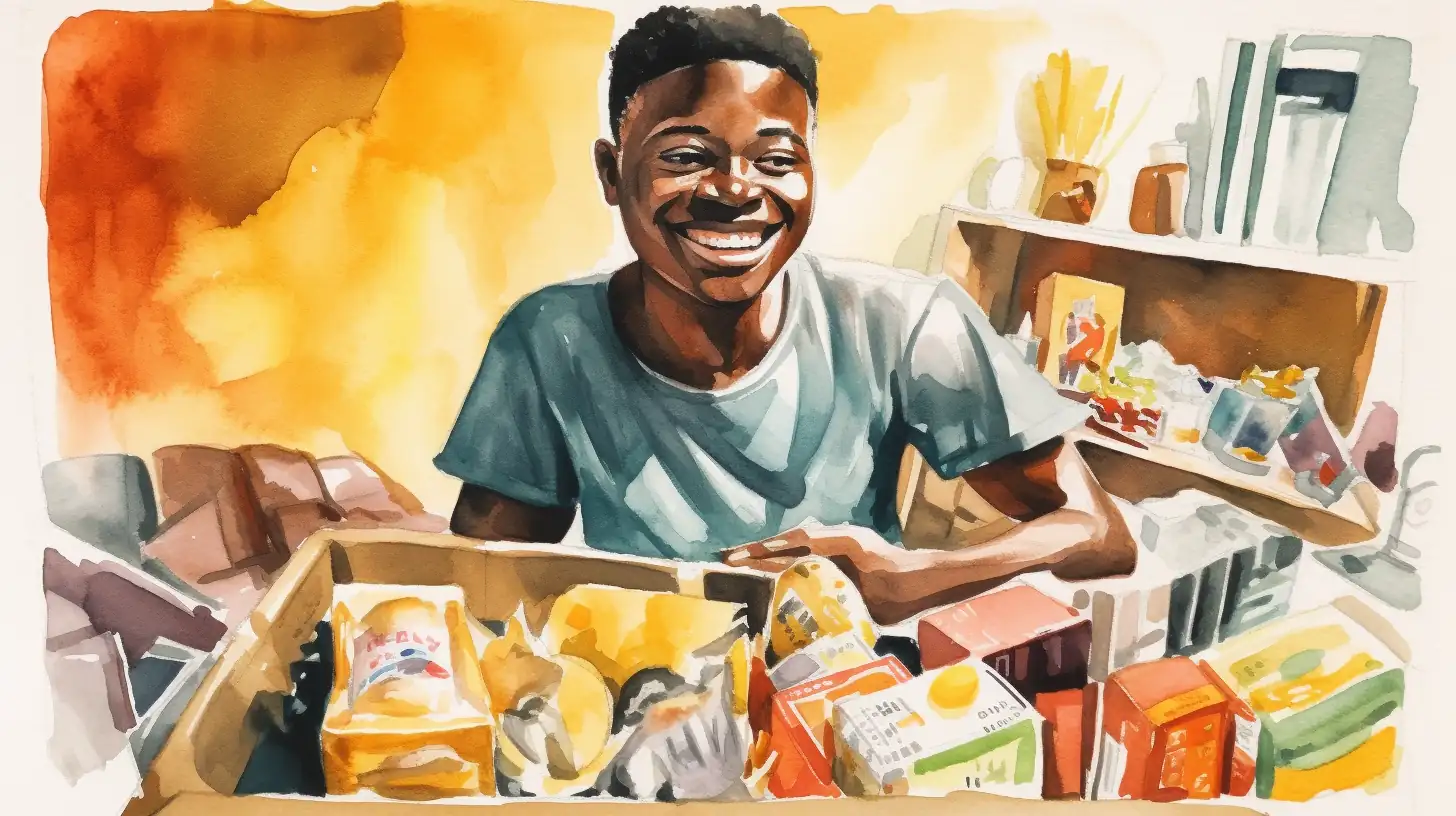 Um delicioso momento de unboxing de um pacote recebido do AliExpress Moçambique, com o destinatário cercado por vários produtos, capturando a alegria e a expectativa das compras online