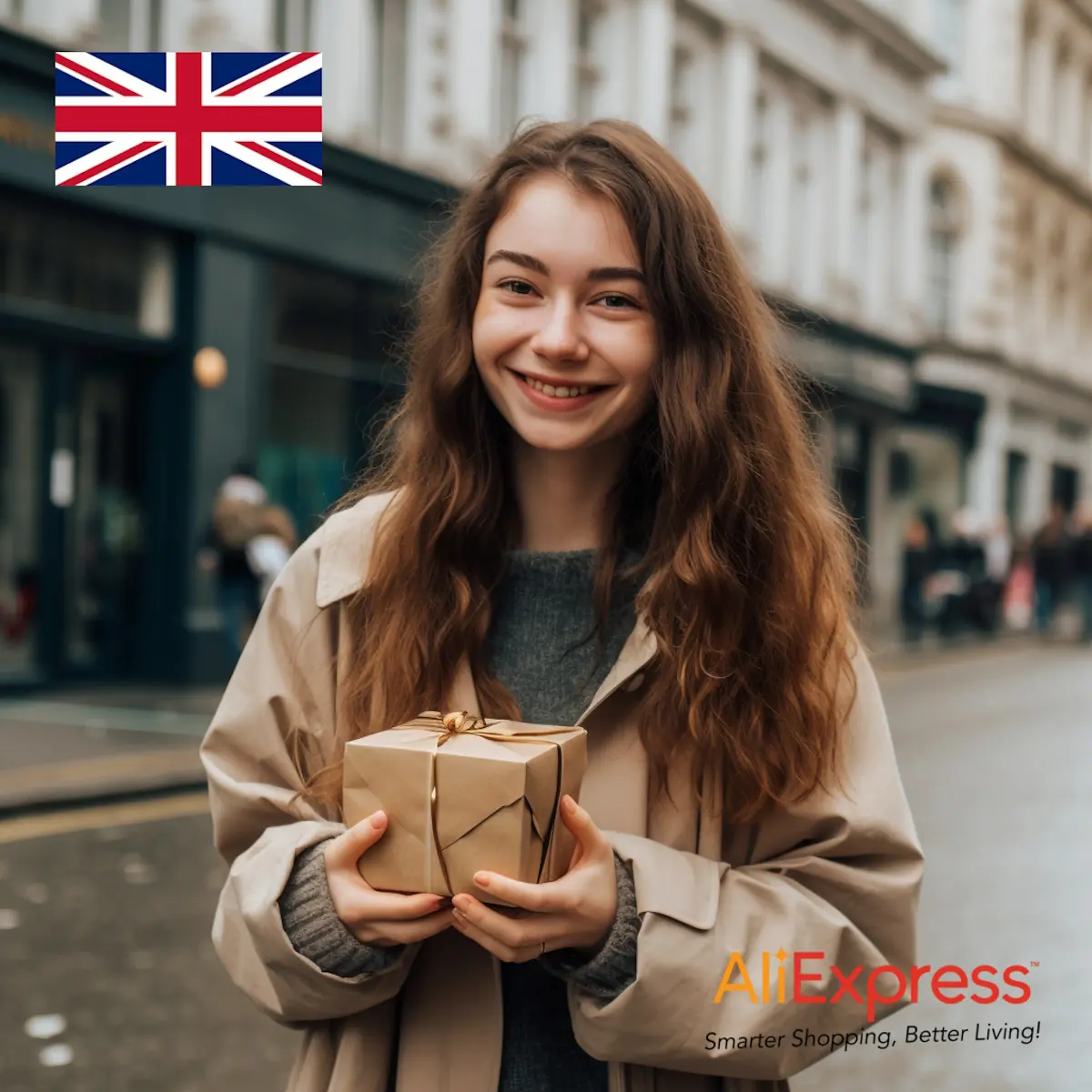 AliExpress United Kingdom: A young and happy British woman stands in the center of London and holds a gift box in her hands.