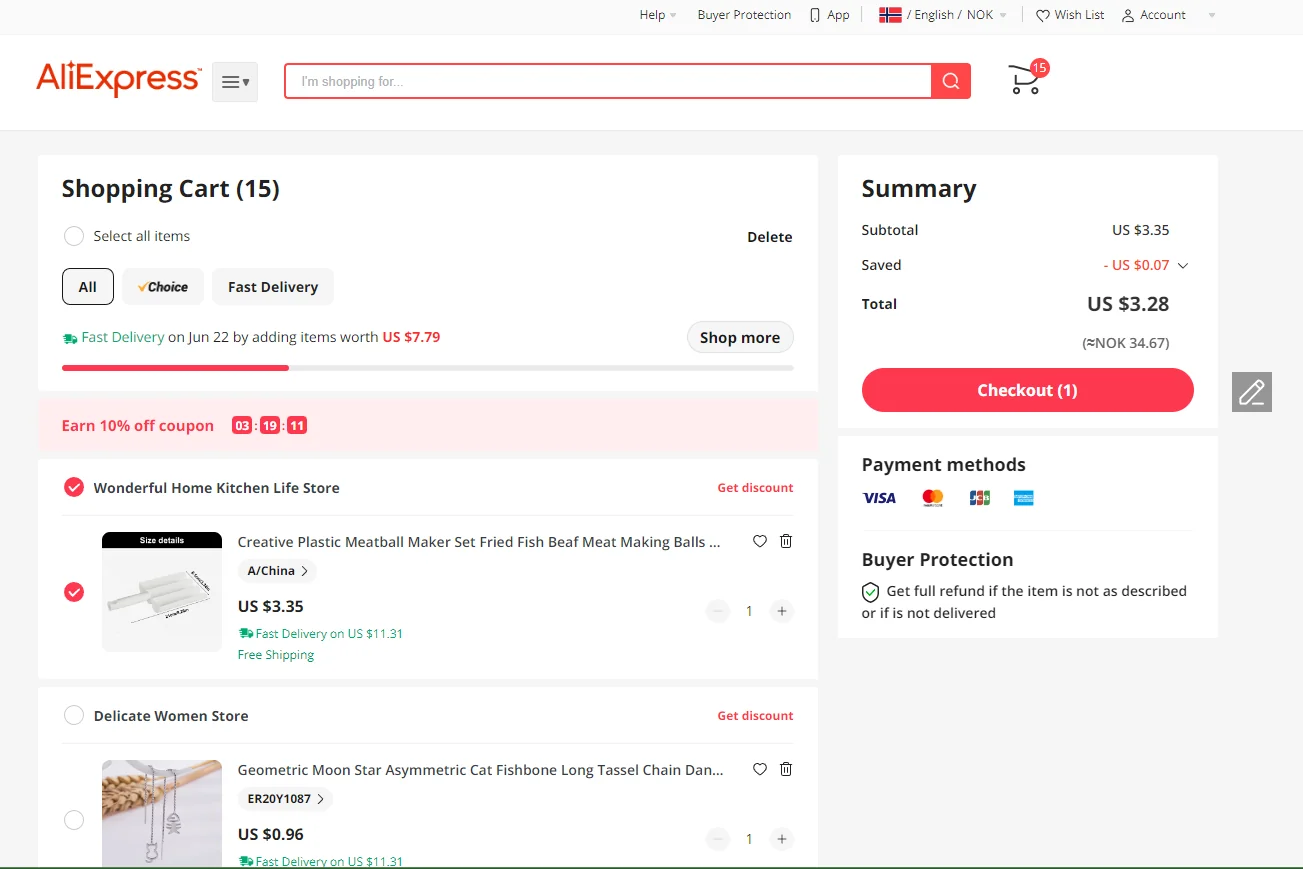 AliExpress checkout process on laptop