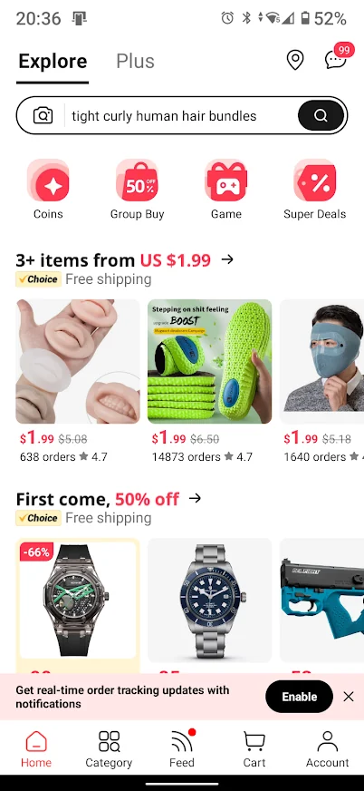 Navigating AliExpress mobile app features