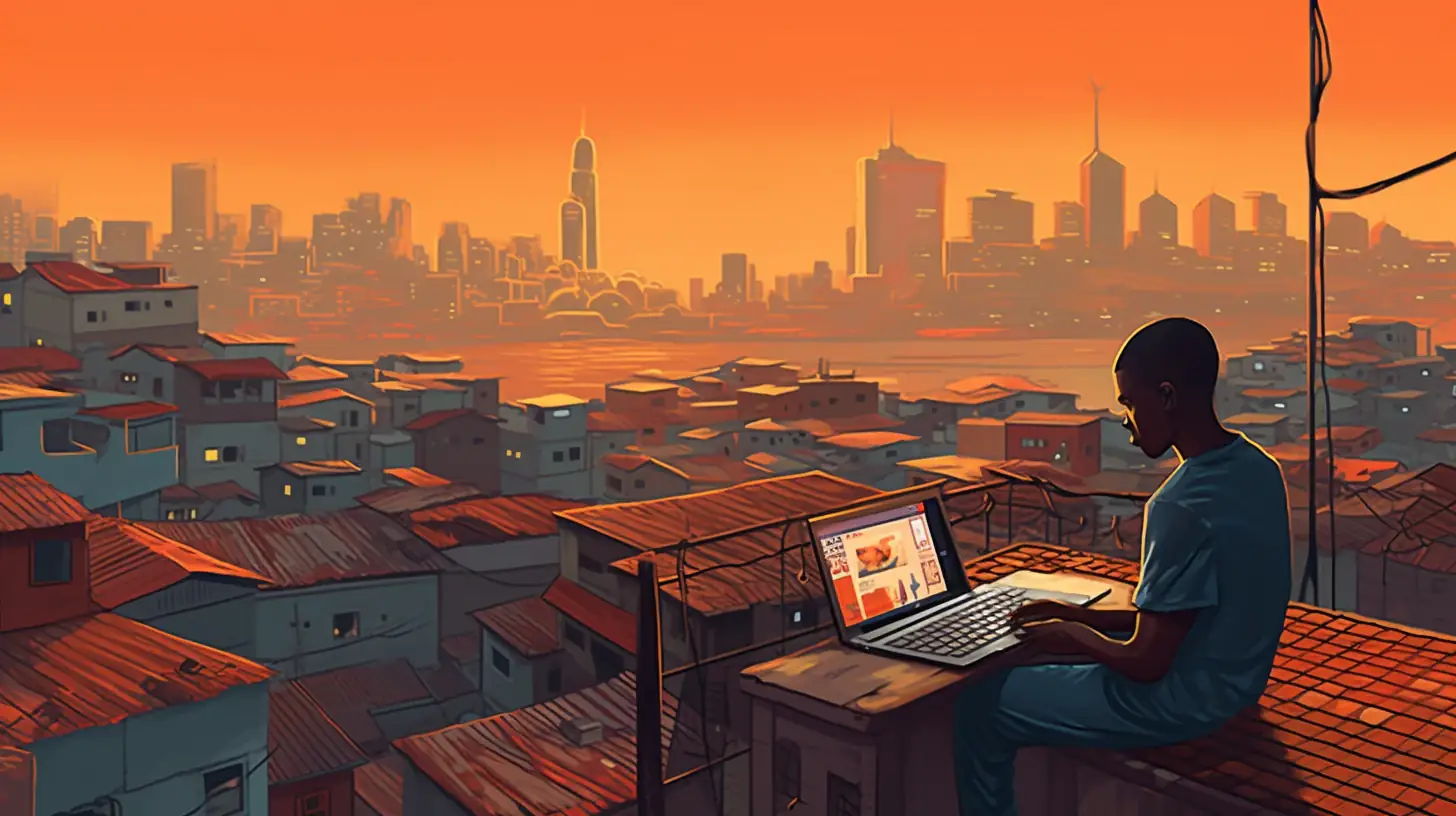 Angolan Customer Browsing AliExpress with Luanda Cityscape