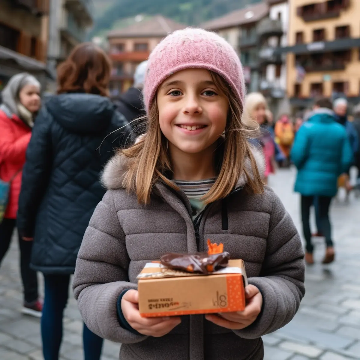 AliExpress Andorra: A young and happy Andorran girl stands in the center of Andorra la Vella and holds a gift box in her hands.