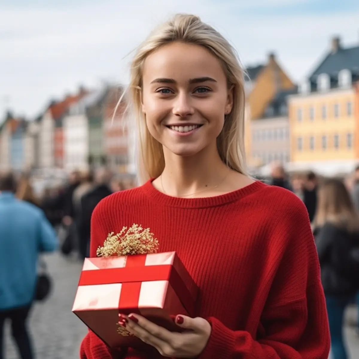 AliExpress Denmark: A young and happy Danish woman stands in the center of Copenhagen and holds a gift box in her hands.