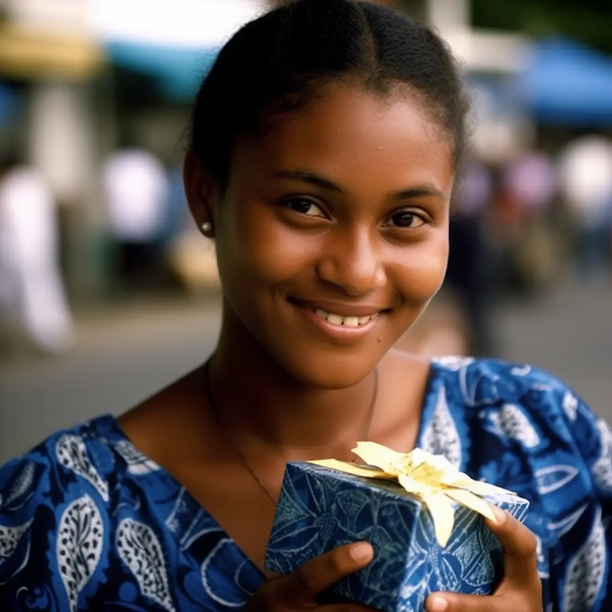 AliExpress Fiji: A young and happy Fijian woman stands in the center of Suva and holds a gift box in her hands.