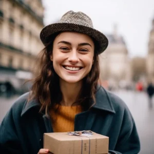 AliExpress France: A young and happy French woman stands in the center of Paris and holds a gift box in her hands.