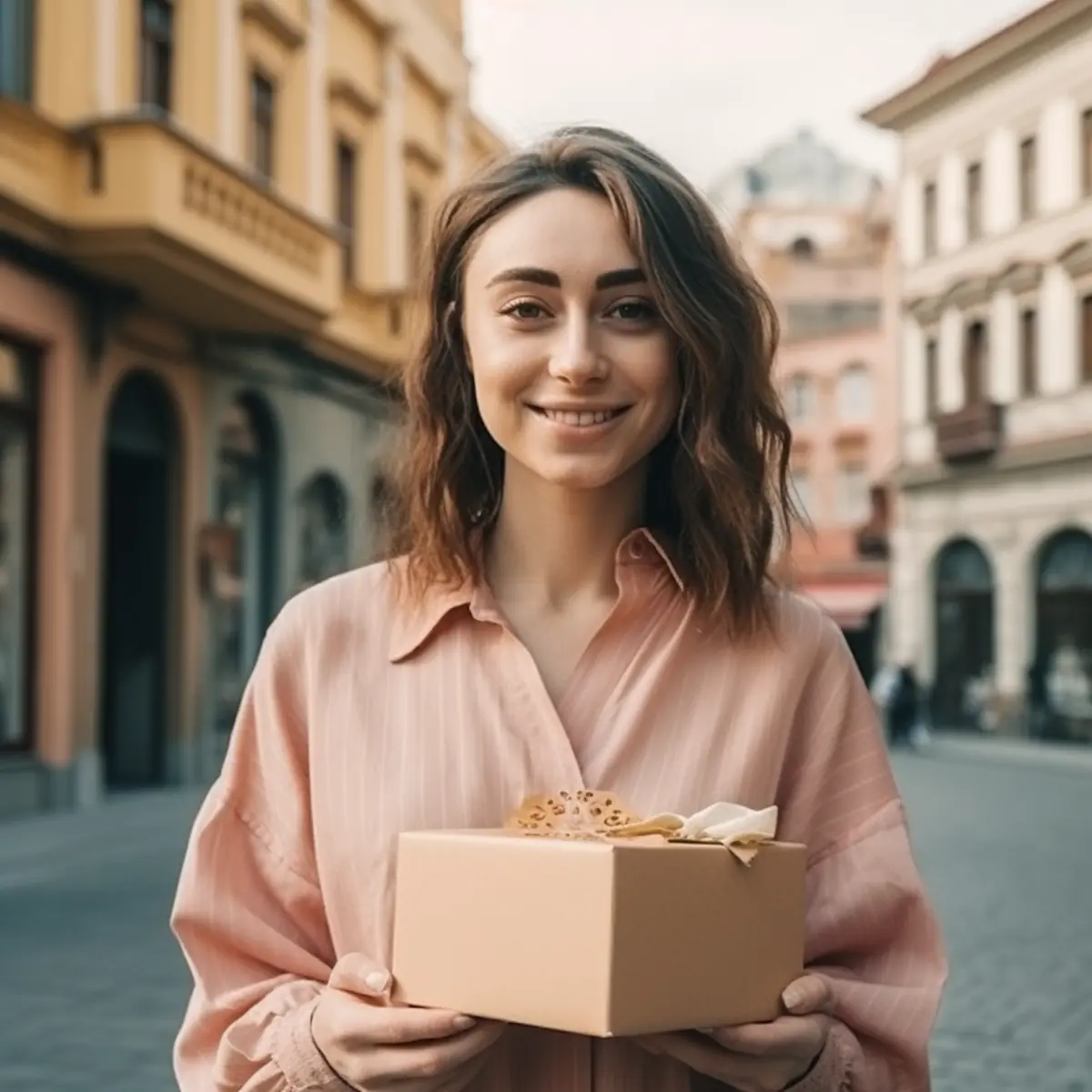 AliExpress Georgia: A young and happy Georgian woman stands in the center of Tbilisi and holds a gift box in her hands.