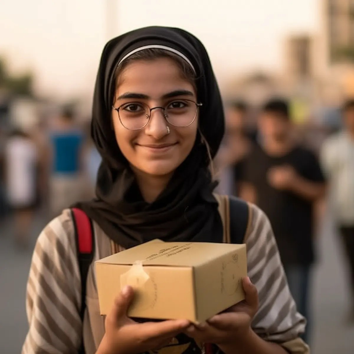 AliExpress Iraq: A young and happy Iraqi woman stands in the center of Baghdad and holds a gift box in her hands.