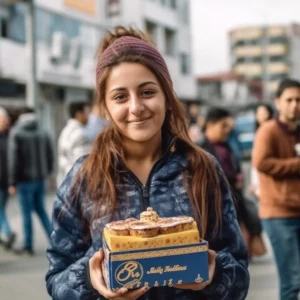 AliExpress Kosovo: A young and happy Kosovar woman stands in the center of Pristina and holds a gift box in her hands.