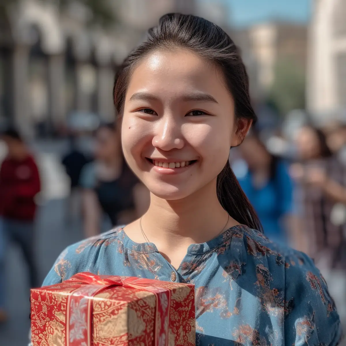 AliExpress Kyrgyzstan: A young and happy Kyrgyz woman stands in the center of Bishkek and holds a gift box in her hands.