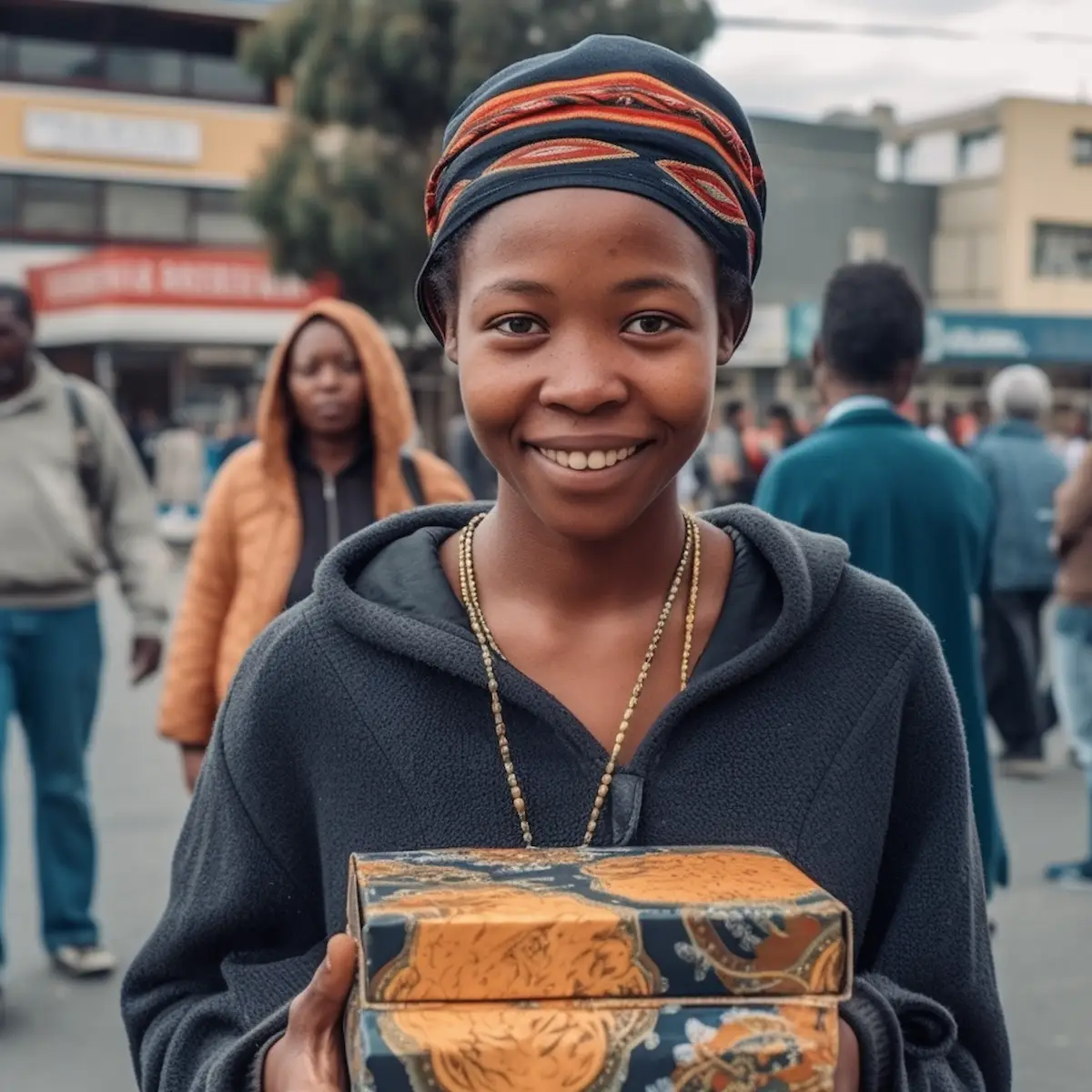 AliExpress Lesotho: A young and happy Basotho woman stands in the center of Maseru and holds a gift box in her hands.