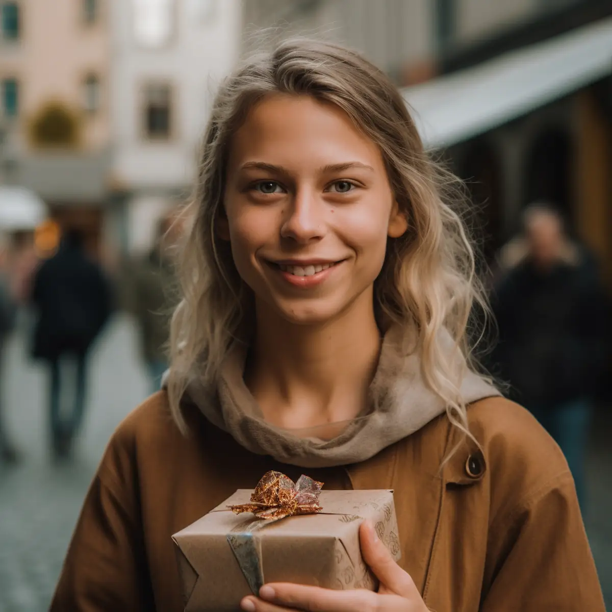 AliExpress Liechtenstein: A young and happy Liechtensteiner woman stands in the center of Vaduz and holds a gift box in her hands.