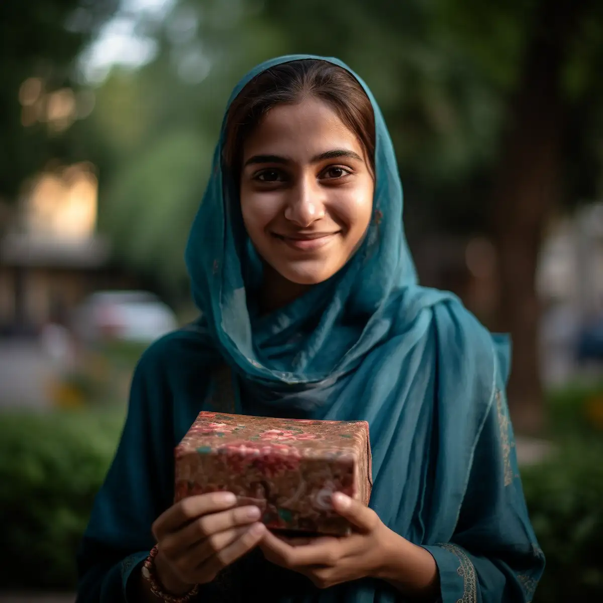 AliExpress Pakistan: A young and happy Pakistani woman stands in the center of Islamabad and holds a gift box in her hands.