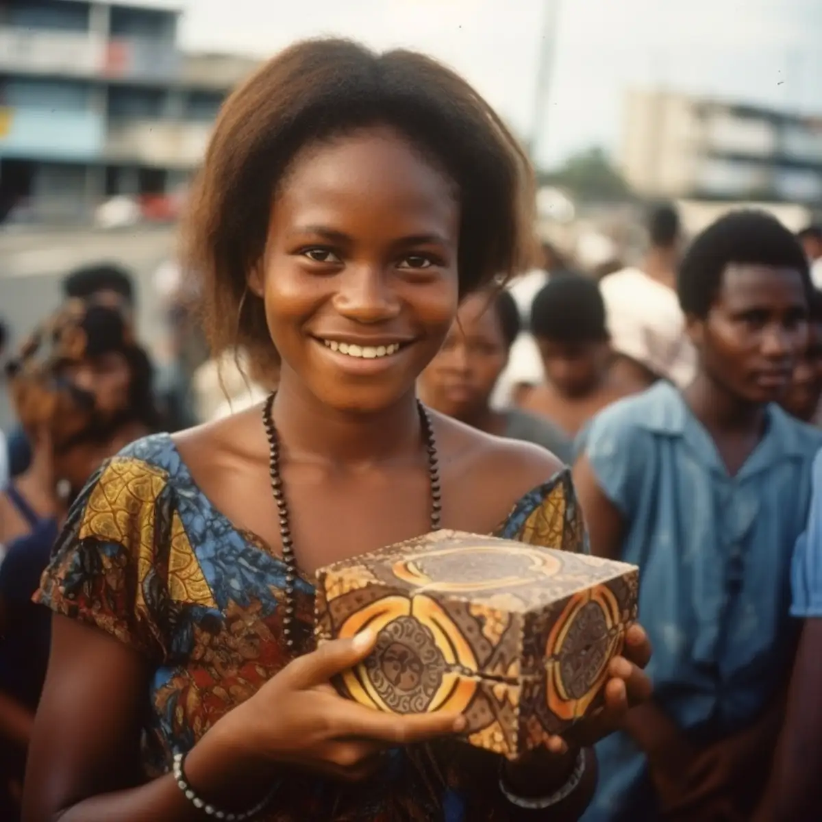 AliExpress Papua New Guinea: A young and happy Papua New Guinean woman stands in the center of Port Moresby and holds a gift box in her hands.