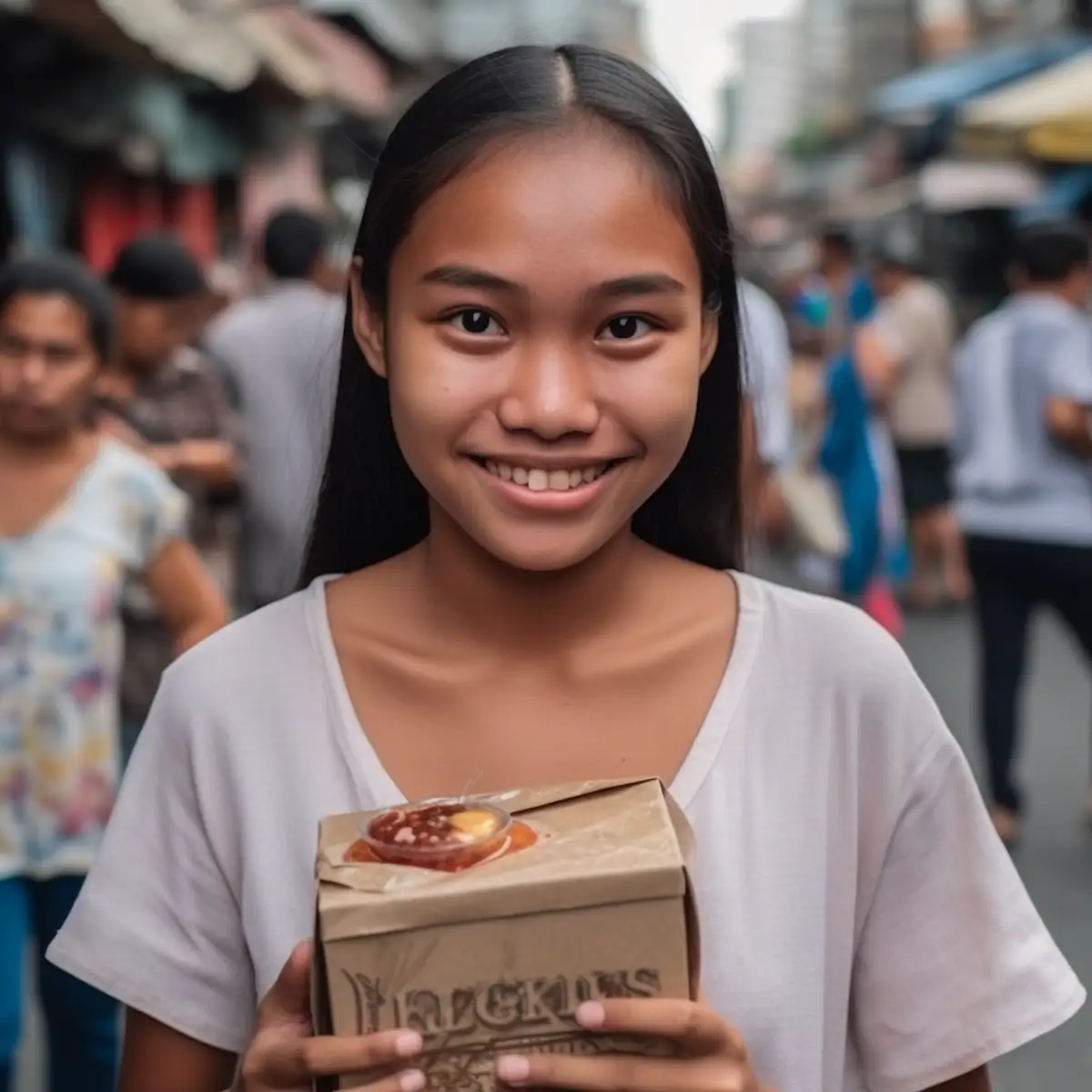 AliExpress Philippines: A young and happy Filipino woman stands in the center of Manila and holds a gift box in her hands.