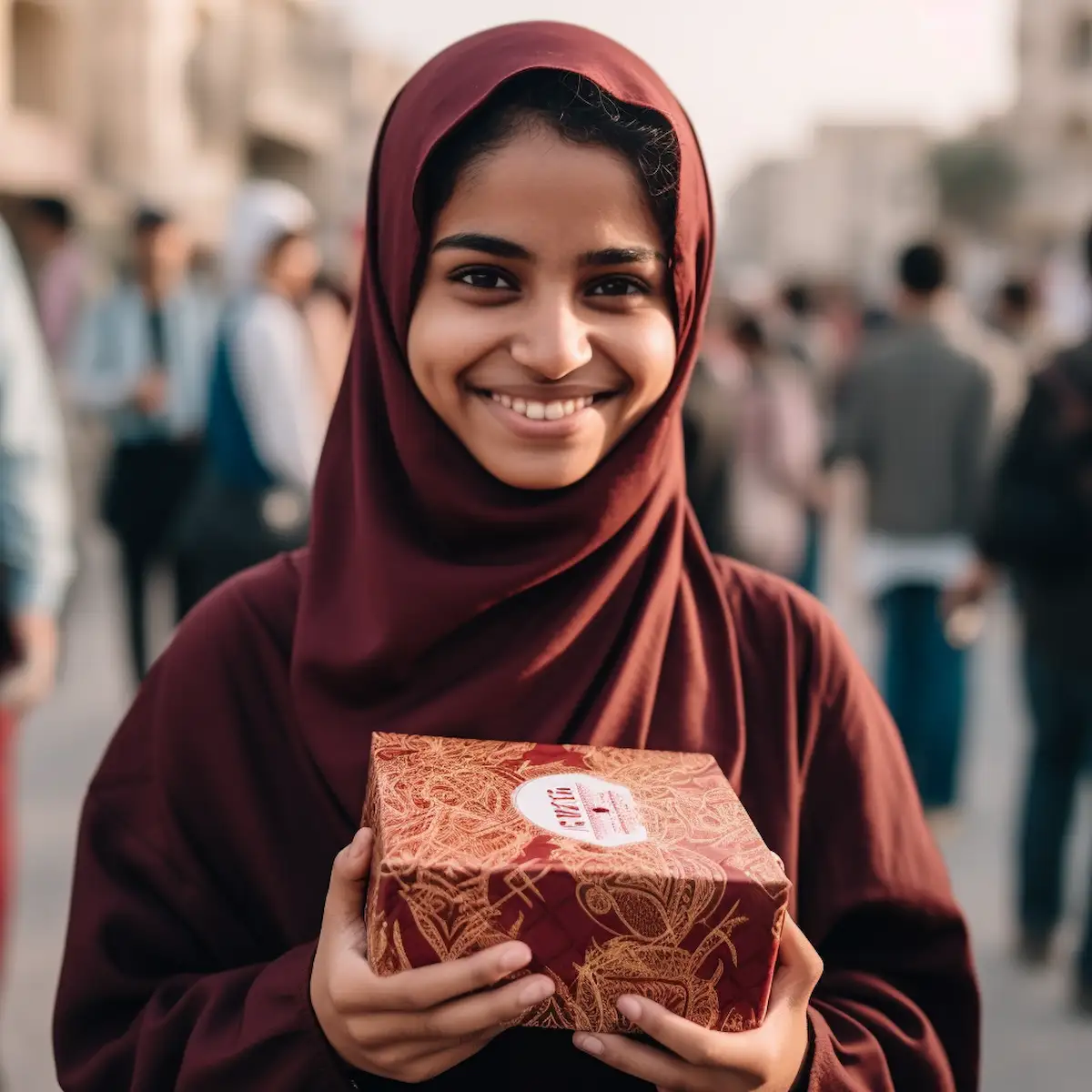AliExpress Qatar: A young and happy Qatari woman stands in the center of Doha and holds a gift box in her hands.