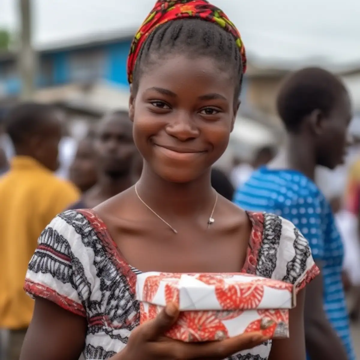 AliExpress São Tomé and Príncipe: A young and happy Santomean woman stands in the center of São Tomé and holds a gift box in her hands.