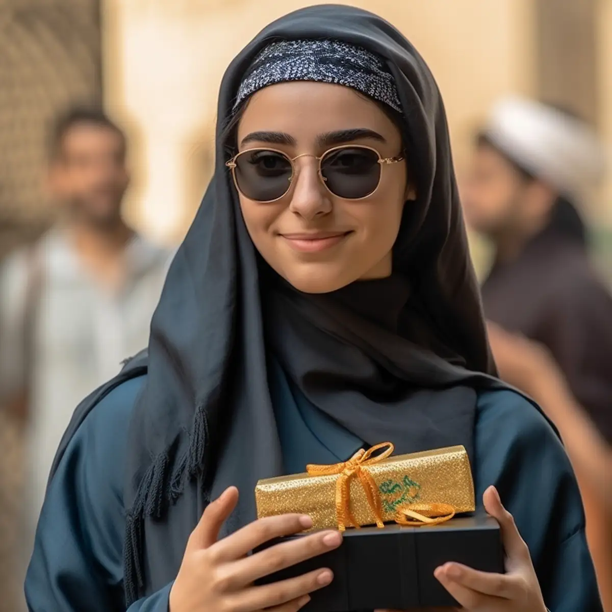 AliExpress Saudi Arabia: A young and happy Saudi woman stands in the center of Riyadh and holds a gift box in her hands.