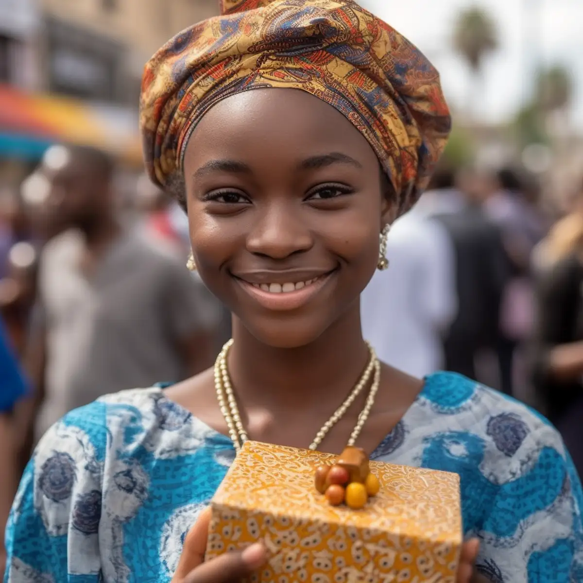AliExpress Senegal: A young and happy Senegalese woman stands in the center of Dakar and holds a gift box in her hands.