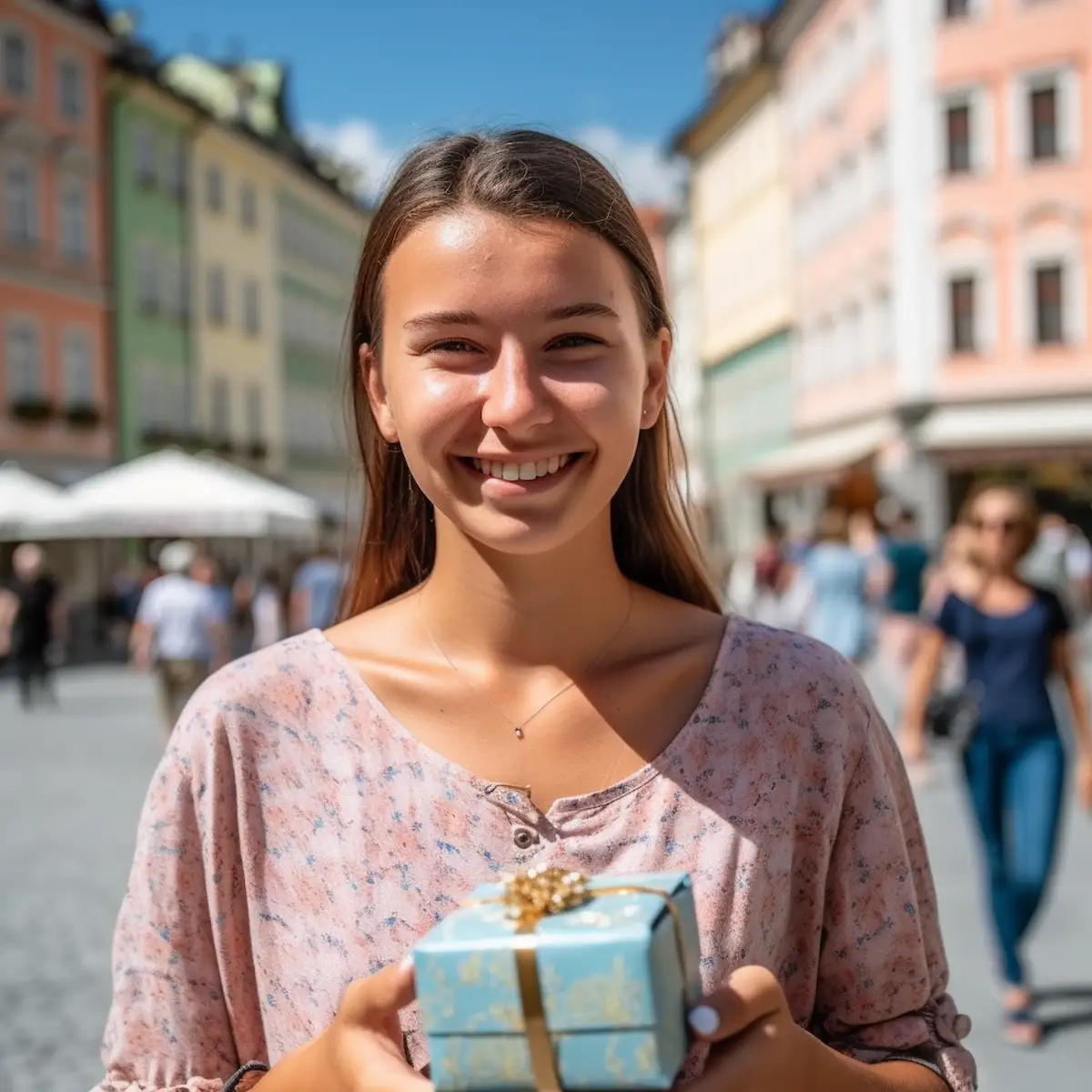 AliExpress Slovenia: A young and happy Slovenian woman stands in the center of Ljubljana and holds a gift box in her hands.