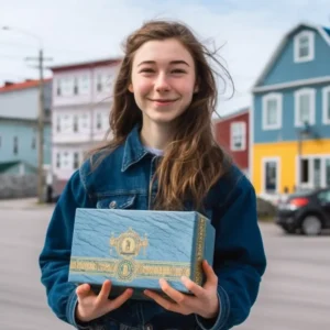 AliExpress St. Pierre and Miquelon: A young and happy woman from St. Pierre and Miquelon stands in the center of Saint-Pierre and holds a gift box in her hands.