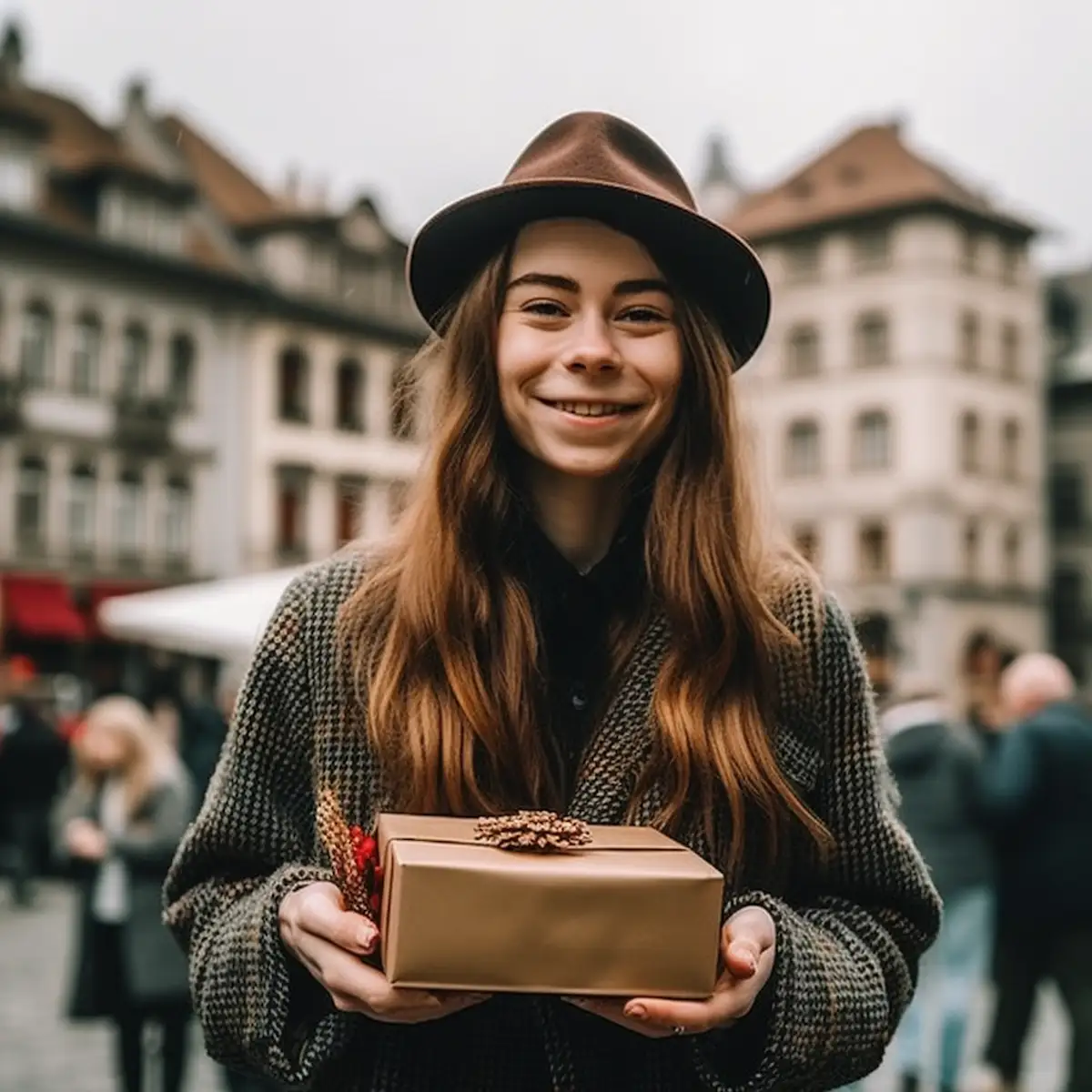 AliExpress Switzerland: A young and happy Swiss woman stands in the center of Bern and holds a gift box in her hands.