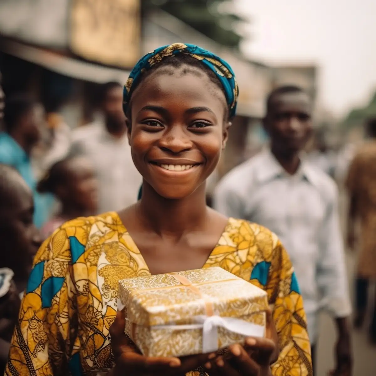 AliExpress Togo: A young and happy Togolese woman stands in the center of Lomé and holds a gift box in her hands.