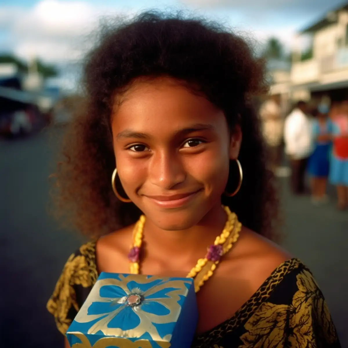 AliExpress Tuvalu: A young and happy Tuvaluan woman stands in the center of Funafuti and holds a gift box in her hands.