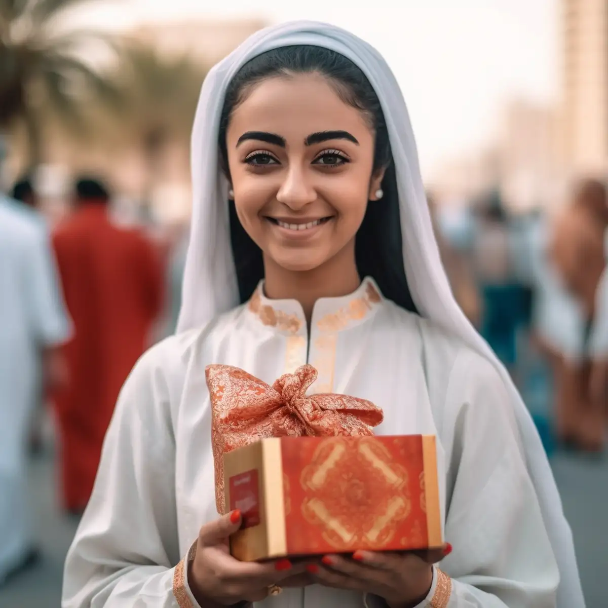 AliExpress United Arab Emirates: A young and happy Emirati woman stands in the center of Abu Dhabi and holds a gift box in her hands.