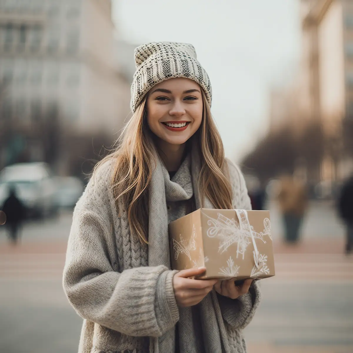 AliExpress United States: A young and happy American woman stands in the center of Washington, D.C. and holds a gift box in her hands.