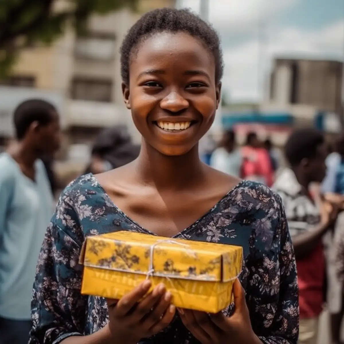 AliExpress Zimbabwe: A young and happy Zimbabwean woman stands in the center of Harare and holds a gift box in her hands.