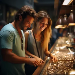 Smiling American couple examining gold rings in aliexpress