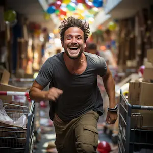 Young man sprinting and pushing aliexpress shopping cart full of sealed boxes in front of him